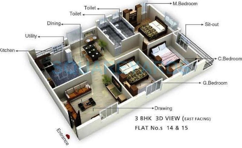 Floor plan of 3 BHK 2538 Sq. Ft. Apartment in Prestige Four Seasons, Bangalore