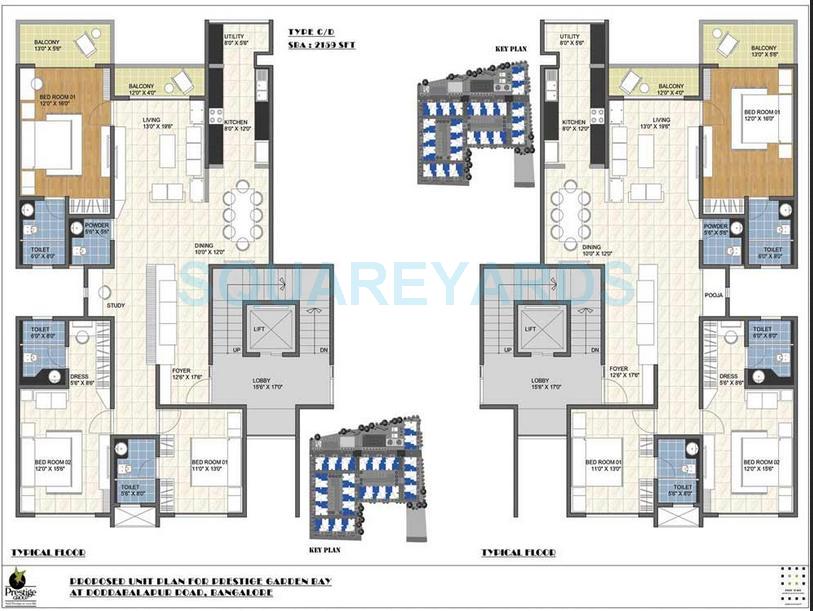 Floor plan of 3 BHK 2159 Sq. Ft. Apartment in Prestige Garden Bay, Bangalore