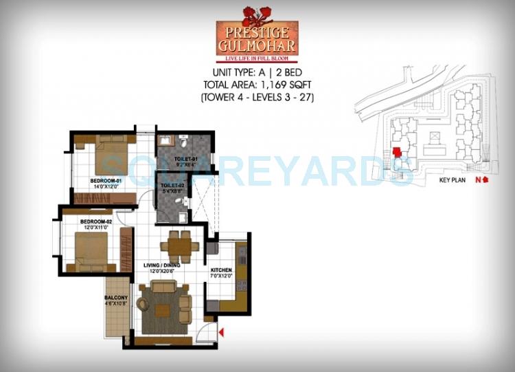 Floor plan of 2 BHK 1169 Sq. Ft. Apartment in Prestige Gulmohar, Bangalore