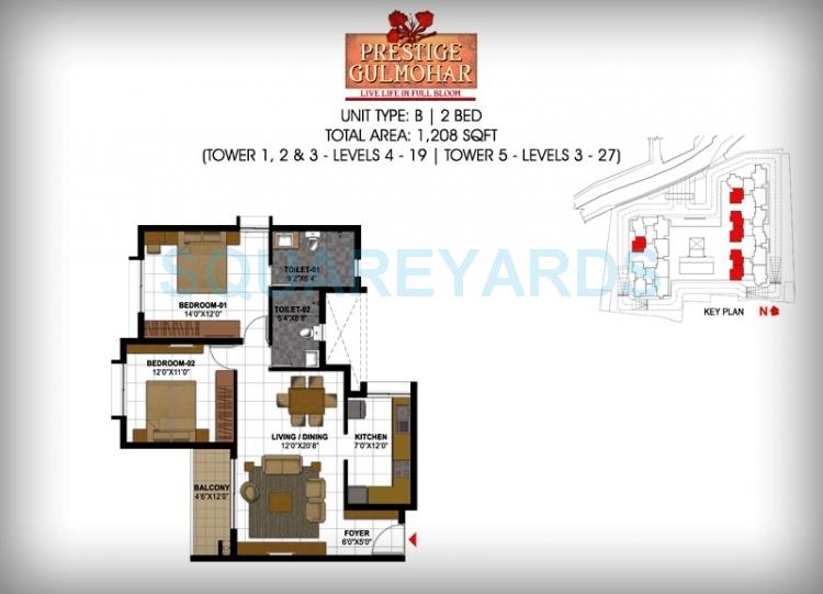 Floor plan of 2 BHK 1208 Sq. Ft. Apartment in Prestige Gulmohar, Bangalore