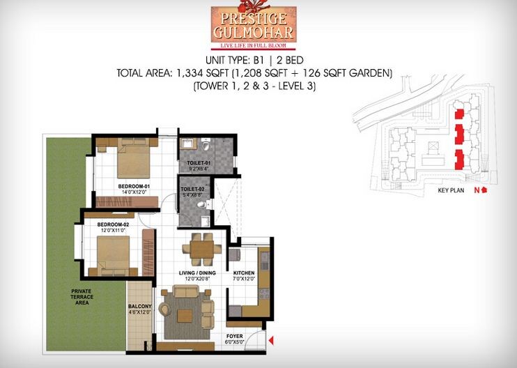Floor plan of 2 BHK 1344 Sq. Ft. Apartment in Prestige Gulmohar, Bangalore