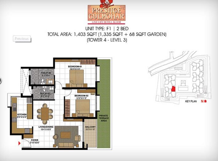 Floor plan of 2 BHK 1403 Sq. Ft. Apartment in Prestige Gulmohar, Bangalore
