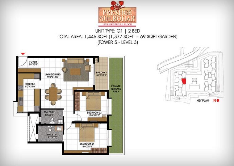 Floor plan of 2 BHK 1446 Sq. Ft. Apartment in Prestige Gulmohar, Bangalore
