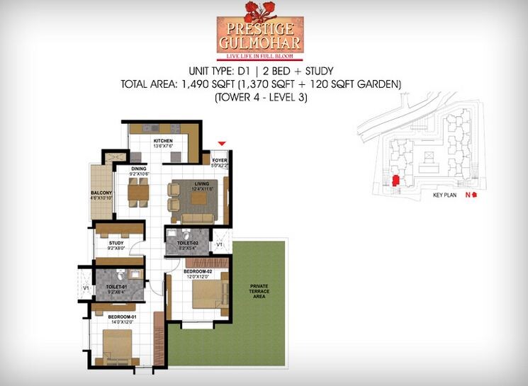 Floor plan of 2 BHK 1490 Sq. Ft. Apartment in Prestige Gulmohar, Bangalore