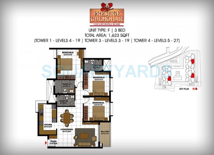 Floor plan of 3 BHK 1623 Sq. Ft. Apartment in Prestige Gulmohar, Bangalore