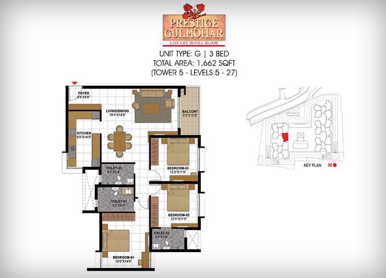Floor plan of 3 BHK 1662 Sq. Ft. Apartment in Prestige Gulmohar, Bangalore