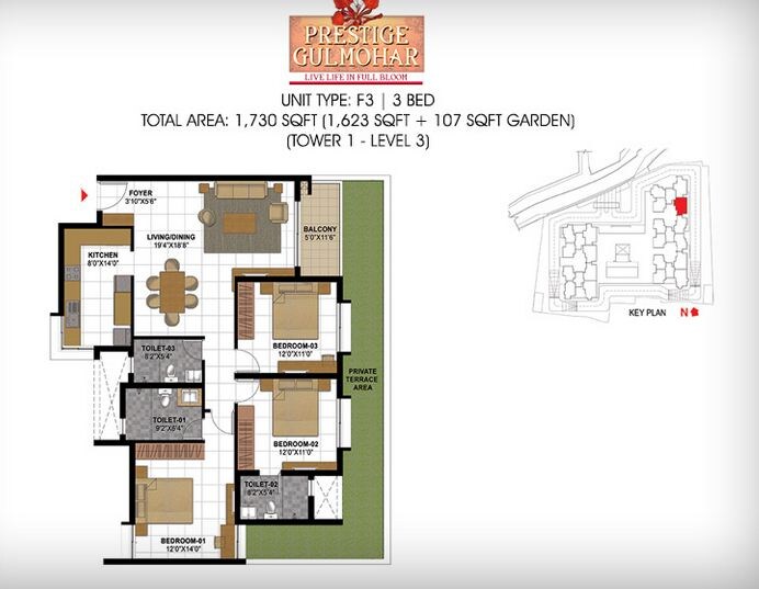 Floor plan of 3 BHK 1730 Sq. Ft. Apartment in Prestige Gulmohar, Bangalore