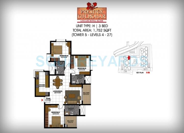 Floor plan of 3 BHK 1752 Sq. Ft. Apartment in Prestige Gulmohar, Bangalore