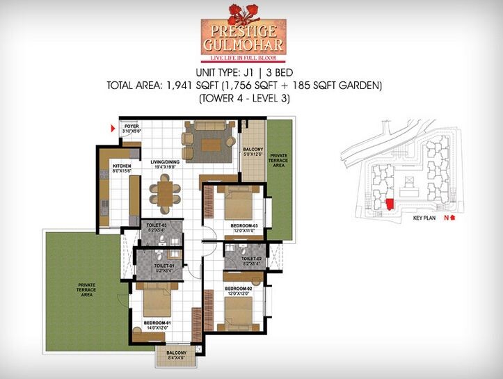Floor plan of 3 BHK 1941 Sq. Ft. Apartment in Prestige Gulmohar, Bangalore