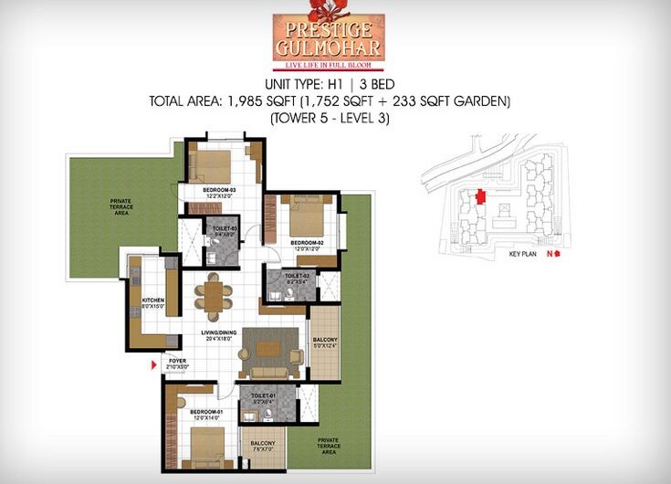 Floor plan of 3 BHK 1985 Sq. Ft. Apartment in Prestige Gulmohar, Bangalore