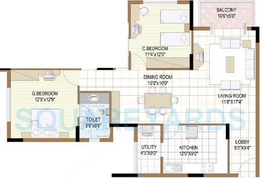 Floor plan of 2 BHK 1400 Sq. Ft. Apartment in Prestige Hutchins Court, Bangalore