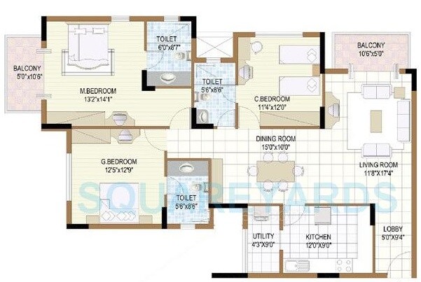 Floor plan of 3 BHK 1795 Sq. Ft. Apartment in Prestige Hutchins Court, Bangalore
