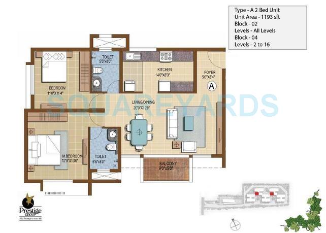 Floor plan of 2 BHK 1193 Sq. Ft. Apartment in Prestige IVY Terraces, Bangalore