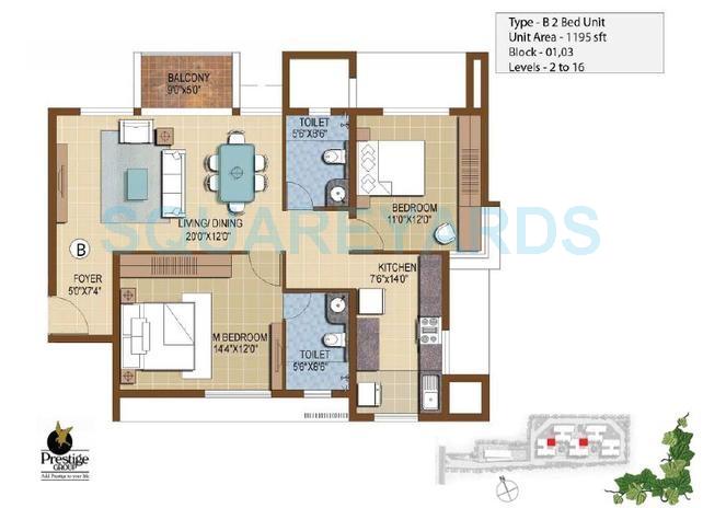 Floor plan of 2 BHK 1195 Sq. Ft. Apartment in Prestige IVY Terraces, Bangalore