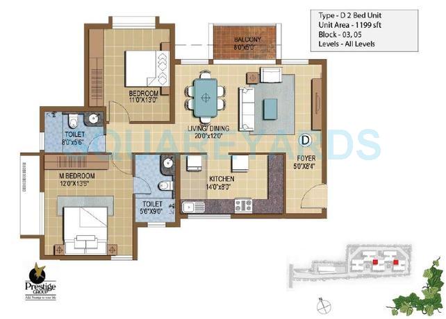 Floor plan of 2 BHK 1199 Sq. Ft. Apartment in Prestige IVY Terraces, Bangalore