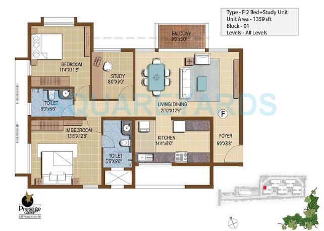 Floor plan of 2 BHK 1359 Sq. Ft. Apartment in Prestige IVY Terraces, Bangalore