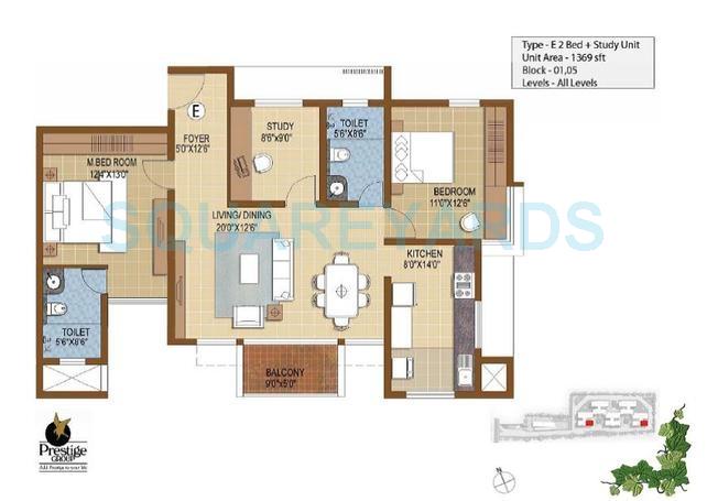 Floor plan of 2 BHK 1369 Sq. Ft. Apartment in Prestige IVY Terraces, Bangalore