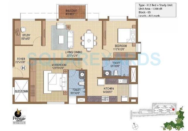 Floor plan of 2 BHK 1398 Sq. Ft. Apartment in Prestige IVY Terraces, Bangalore