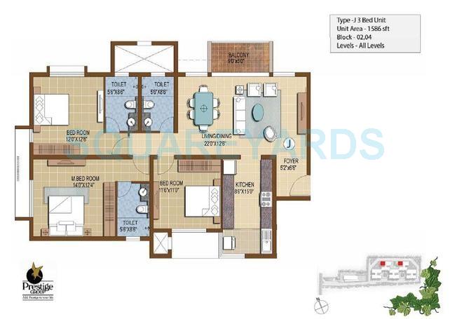 Floor plan of 3 BHK 1586 Sq. Ft. Apartment in Prestige IVY Terraces, Bangalore