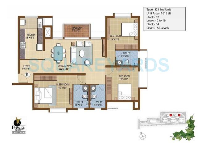 Floor plan of 3 BHK 1615 Sq. Ft. Apartment in Prestige IVY Terraces, Bangalore