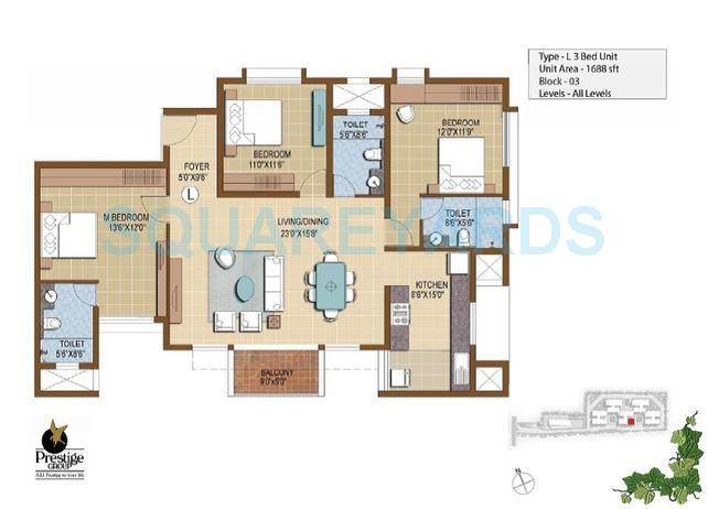Floor plan of 3 BHK 1688 Sq. Ft. Apartment in Prestige IVY Terraces, Bangalore