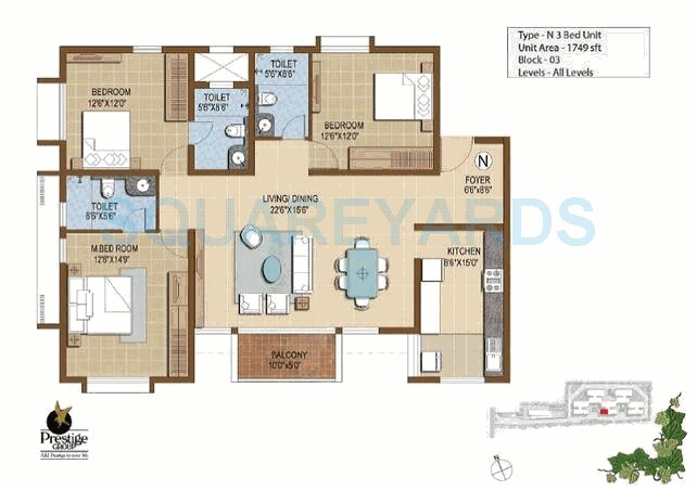 Floor plan of 3 BHK 1749 Sq. Ft. Apartment in Prestige IVY Terraces, Bangalore