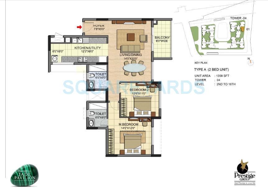Floor plan of 2 BHK 1358 Sq. Ft. Apartment in Prestige Jade Pavilion, Bangalore