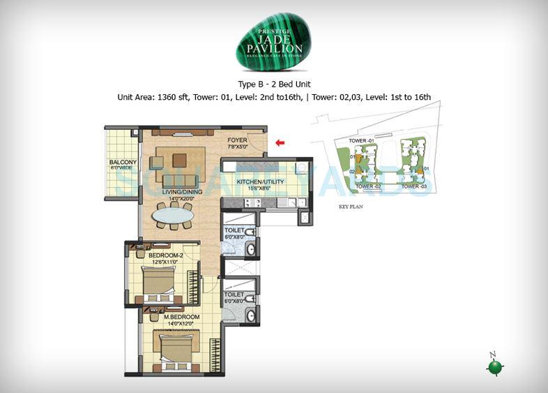 Floor plan of 2 BHK 1360 Sq. Ft. Apartment in Prestige Jade Pavilion, Bangalore