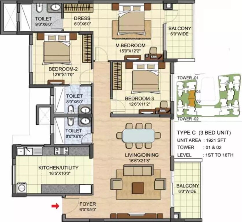 Floor plan of 3 BHK 1921 Sq. Ft. Apartment in Prestige Jade Pavilion, Bangalore