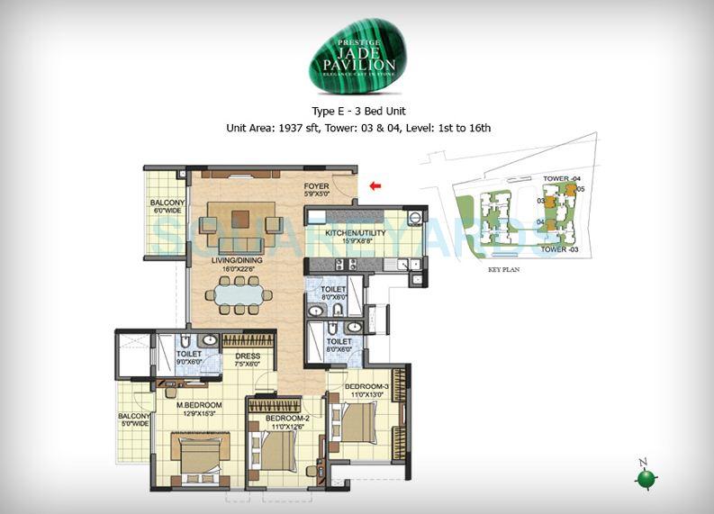 Floor plan of 3 BHK 1937 Sq. Ft. Apartment in Prestige Jade Pavilion, Bangalore