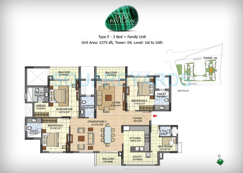 Floor plan of 3 BHK 2375 Sq. Ft. Apartment in Prestige Jade Pavilion, Bangalore
