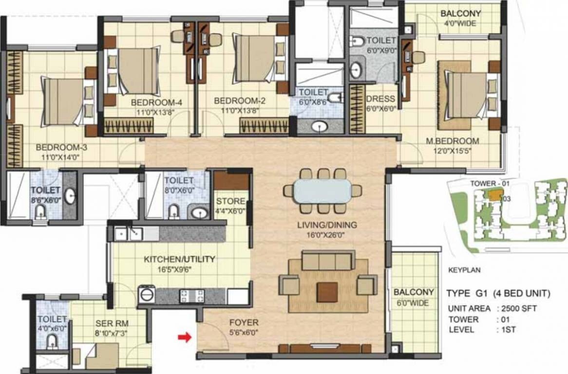 Floor plan of 4 BHK 2500 Sq. Ft. Apartment in Prestige Jade Pavilion, Bangalore