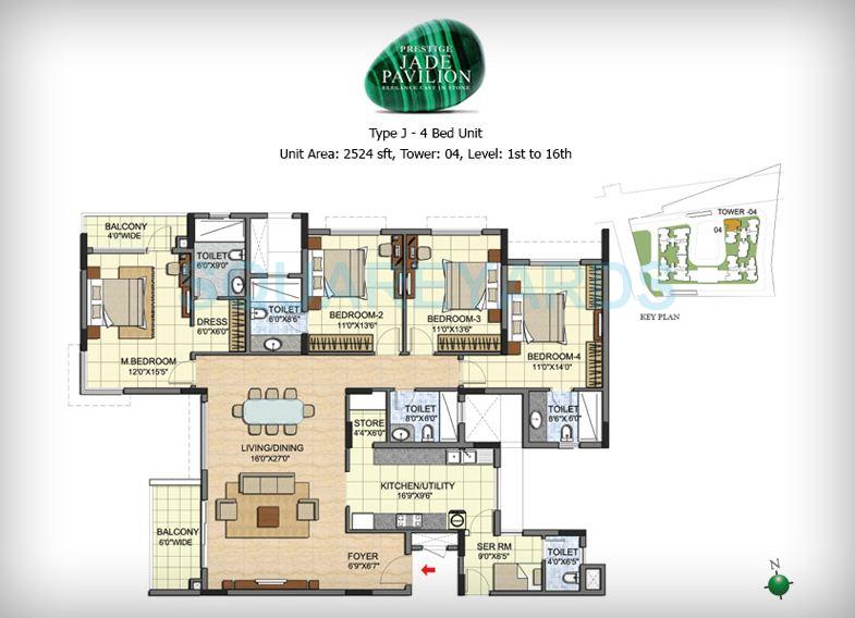 Floor plan of 4 BHK 2524 Sq. Ft. Apartment in Prestige Jade Pavilion, Bangalore