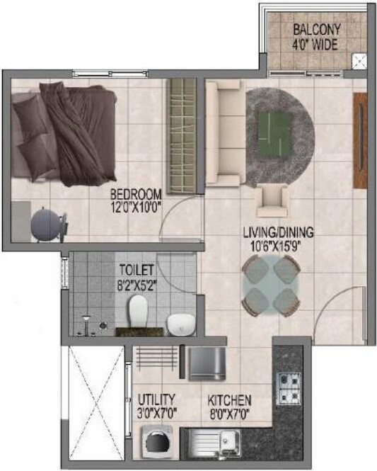 Floor plan of 1 BHK 607 Sq. Ft. Apartment in Prestige Jindal City, Bangalore