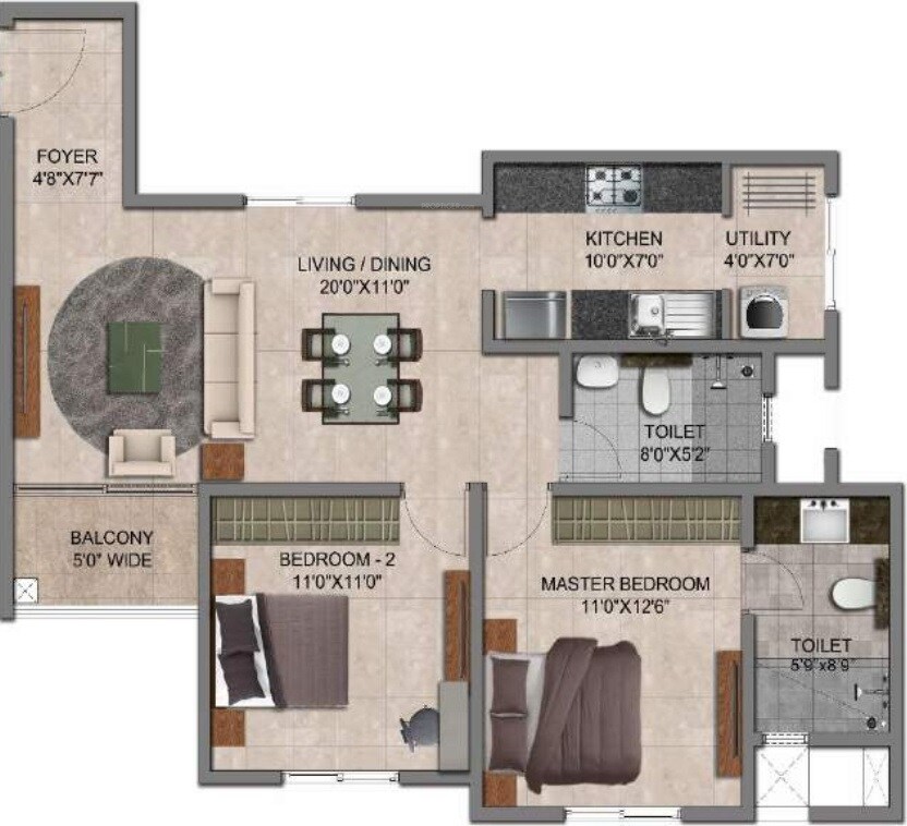 Floor plan of 2 BHK 1074 Sq. Ft. Apartment in Prestige Jindal City, Bangalore