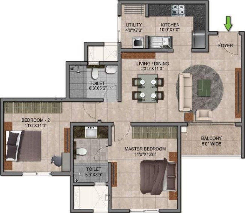 Floor plan of 2 BHK 1081 Sq. Ft. Apartment in Prestige Jindal City, Bangalore