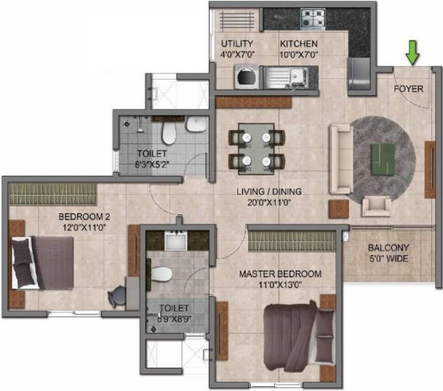Floor plan of 2 BHK 1085 Sq. Ft. Apartment in Prestige Jindal City, Bangalore