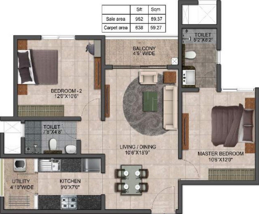 Floor plan of 2 BHK 962 Sq. Ft. Apartment in Prestige Jindal City, Bangalore