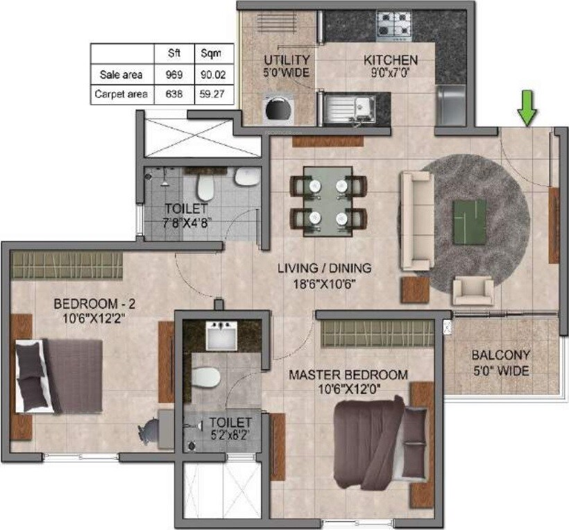 Floor plan of 2 BHK 969 Sq. Ft. Apartment in Prestige Jindal City, Bangalore