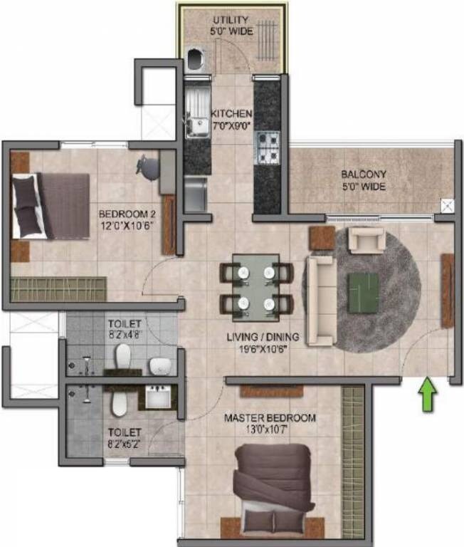 Floor plan of 2 BHK 967 Sq. Ft. Apartment in Prestige Jindal City, Bangalore