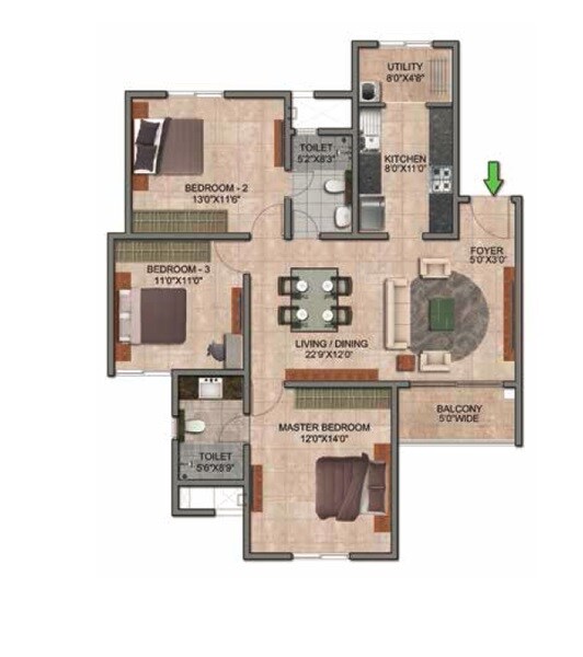 Floor plan of 3 BHK 1427 Sq. Ft. Apartment in Prestige Jindal City, Bangalore
