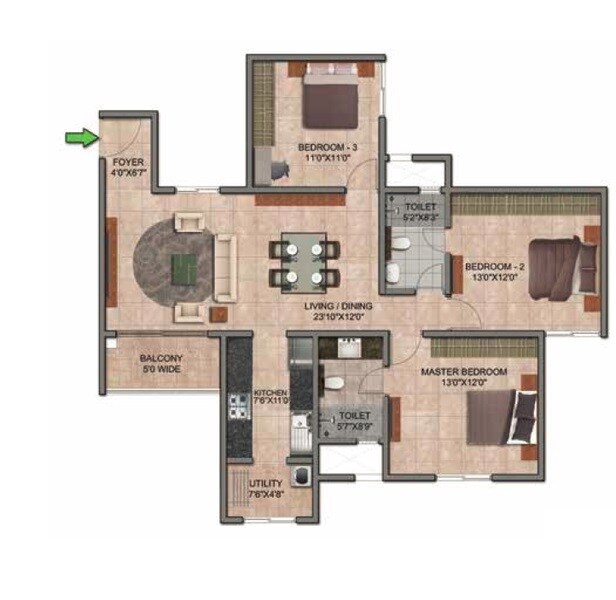 Floor plan of 3 BHK 1702 Sq. Ft. Apartment in Prestige Jindal City, Bangalore