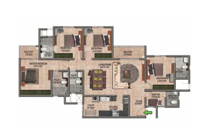 Floor plan of 4 BHK 2171 Sq. Ft. Apartment in Prestige Jindal City, Bangalore