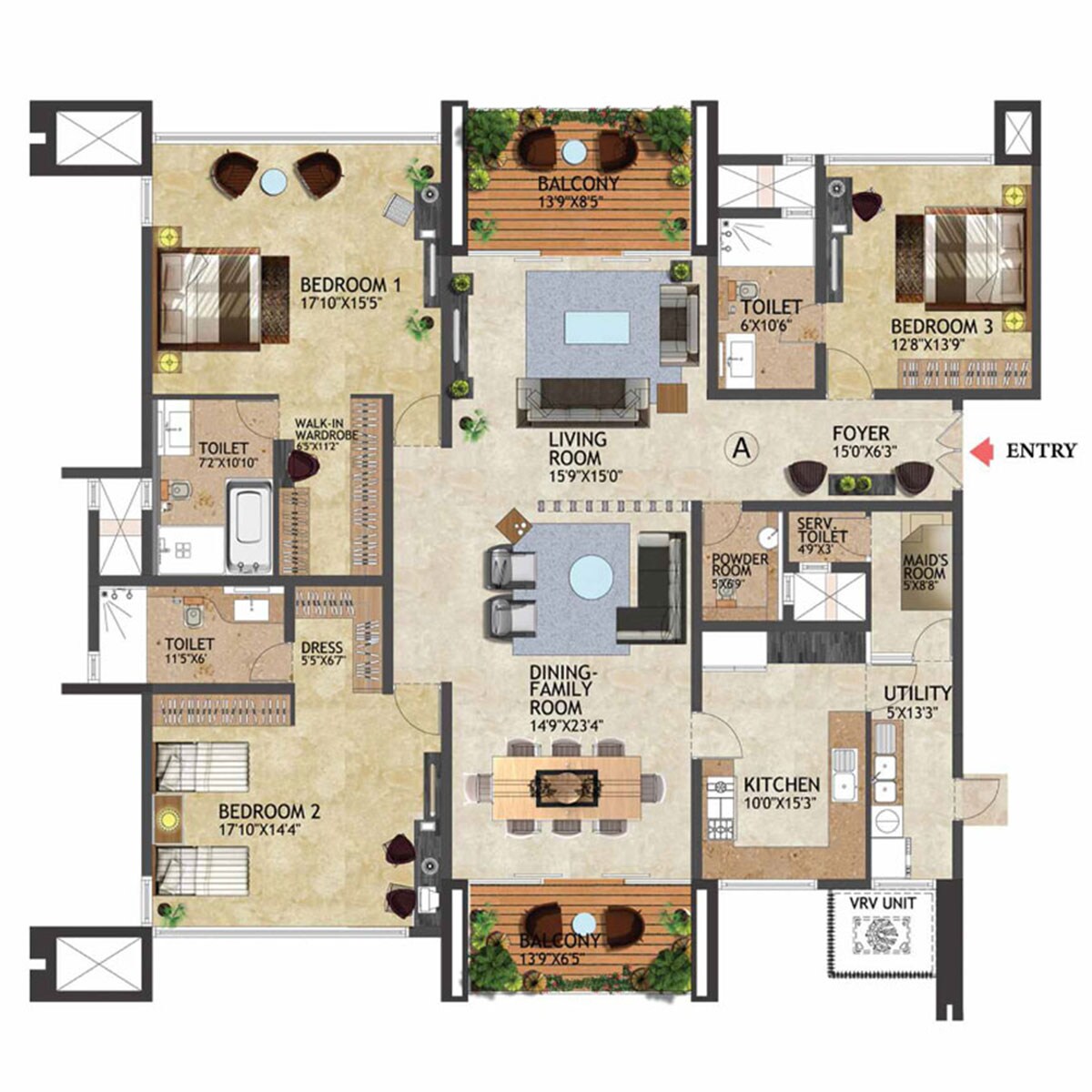 Floor plan of 3 BHK 3489 Sq. Ft. Apartment in Prestige Kenilworth, Bangalore
