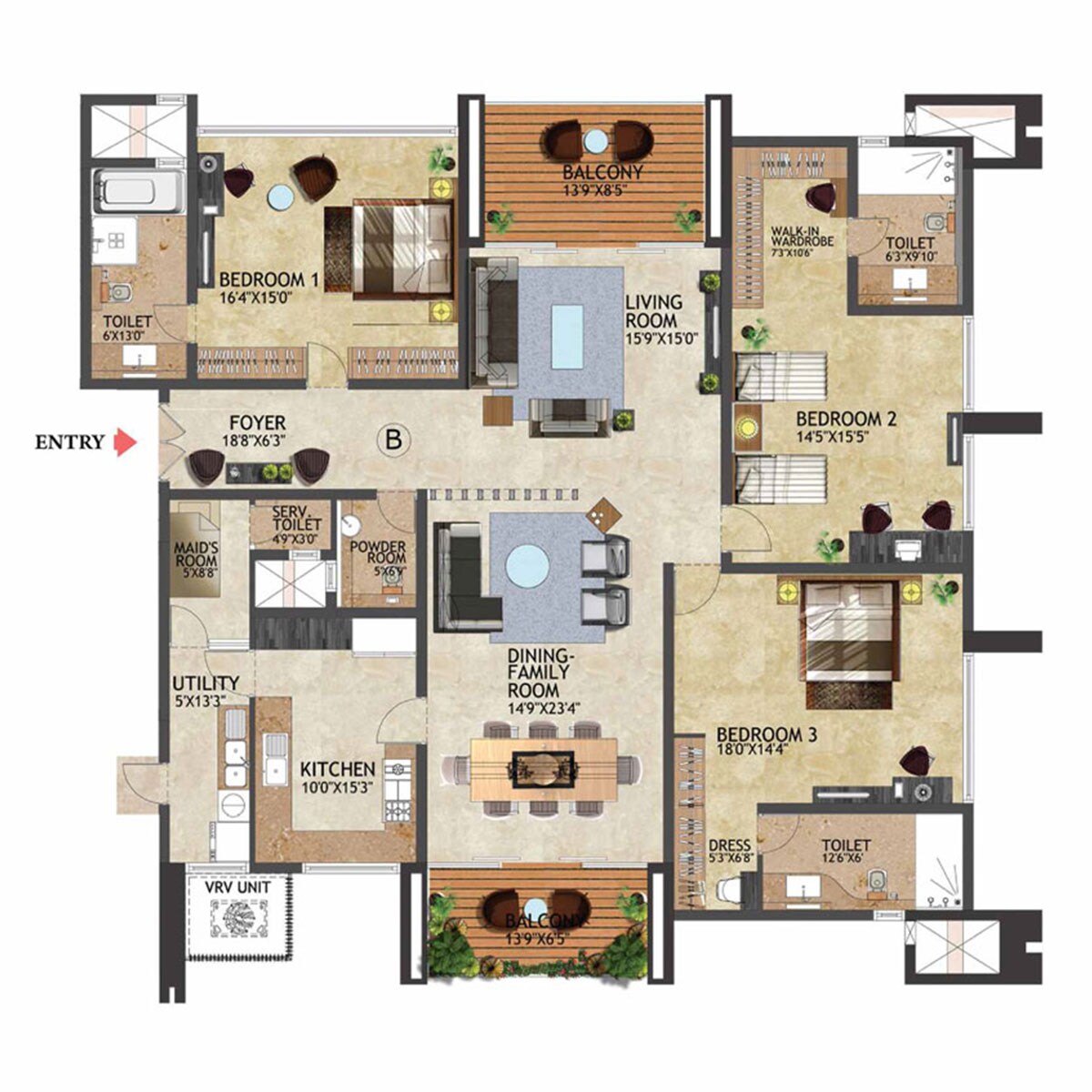 Floor plan of 3 BHK 3503 Sq. Ft. Apartment in Prestige Kenilworth, Bangalore