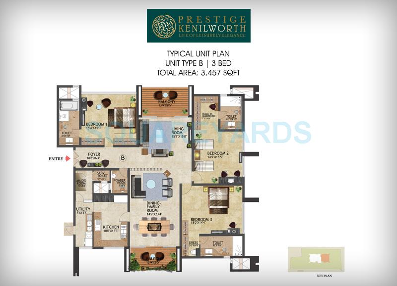 Floor plan of 3 BHK 3457 Sq. Ft. Apartment in Prestige Kenilworth, Bangalore