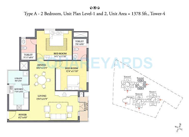Floor plan of 2 BHK 1378 Sq. Ft. Apartment in Prestige Kensington Gardens, Bangalore
