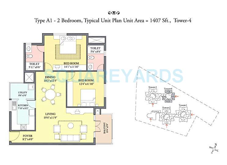 Floor plan of 2 BHK 1407 Sq. Ft. Apartment in Prestige Kensington Gardens, Bangalore