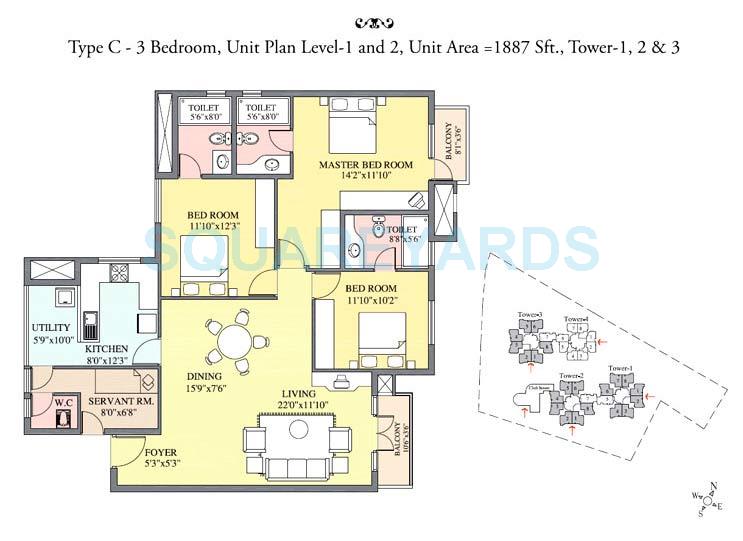 Floor plan of 3 BHK 1887 Sq. Ft. Apartment in Prestige Kensington Gardens, Bangalore