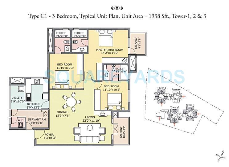 Floor plan of 3 BHK 1938 Sq. Ft. Apartment in Prestige Kensington Gardens, Bangalore